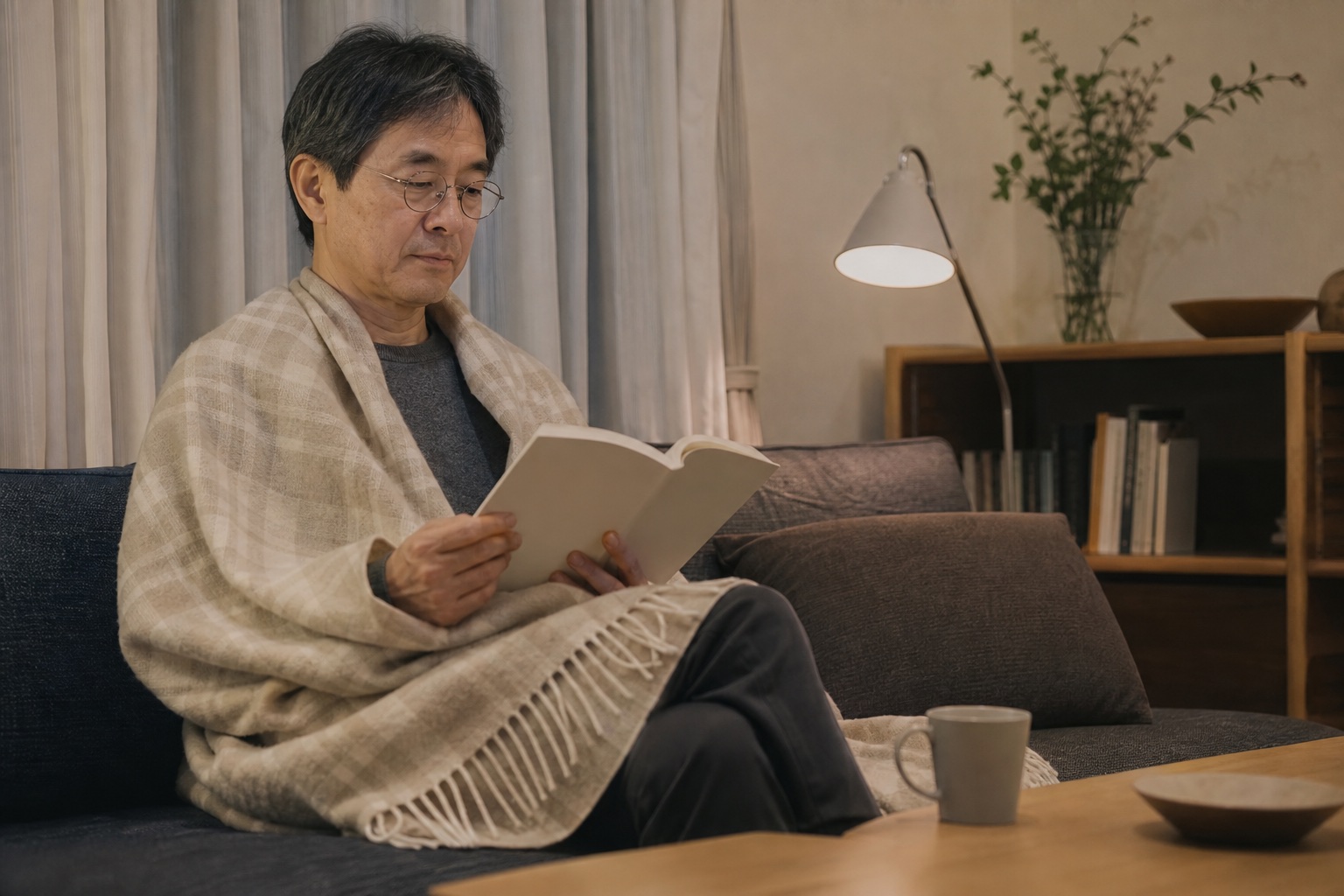 冬の夜、ベージュチェックのブランケットに包まれて読書をする男性
