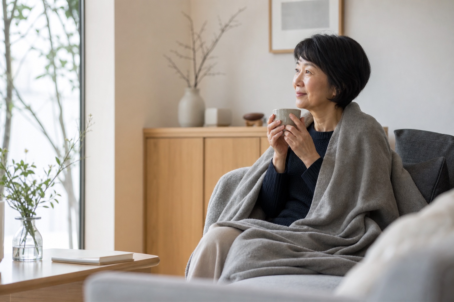 冬の朝、グレーのブランケットに包まれてお茶を飲む女性